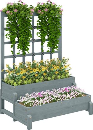 OUTSUNNY 2-Tier Wooden Raised Bed with Trellis and Drainage Holes - Grey | TJ Hughes