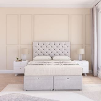Sloomy Mayfair Plush Fabric Ottoman Bed End Opening With Sprung Memory Mattress & 26 Inch Headboard in Silver | Size: Small Single