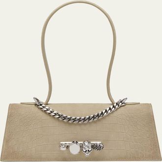 Alexander McQueen Jewelled Croc-Embossed Suede Top-Handle Bag