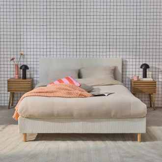 Sweeek Cama tapizada en pana fina, 140x190cm, con somier y cabecero, blanco