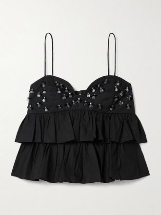 Ulla Johnson Crop Top In Popeline Di Cotone Con Ruches E Decorazioni Lucia - Nero