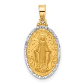 Diamond2Deal 14k Yellow Gold with Rhodium Satin and Polished Miraculous Medal Solid Oval Pendant