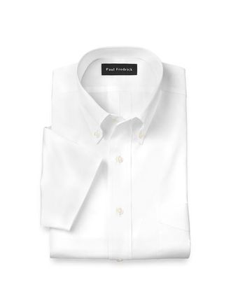 Paul Fredrick Non-iron Cotton Pinpoint Solid Button Down Collar Short Sleeve Dress Shirt in White at Nordstrom, Size 15.5