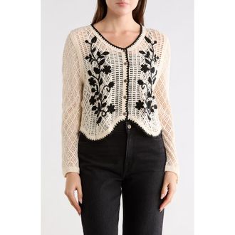 Forgotten Grace Floral Embroidered Open Stitch Cardigan in Natural/Black at Nordstrom Rack, Size X-Large