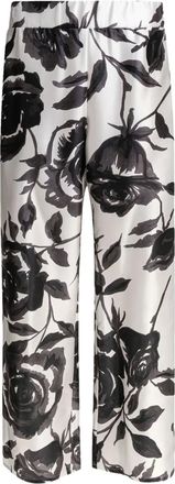 Sleep No More Pantaloni in seta con stampa rose - Bianco