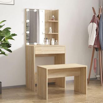 Berkfield Home Dressing Table Set with LED Sonoma Oak Engineered Wood in Brown