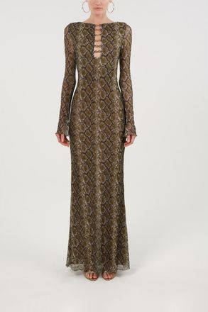 Nocturne Snake Print Ring Detail Long Sleeve Maxi Dress in Multi-Colored at Nordstrom, Size X-Small