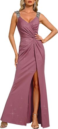 Ever-pretty Maxi Formal Evening Dress Elegant Sequin V Neck and High Slit Prom Dress Orchid 10