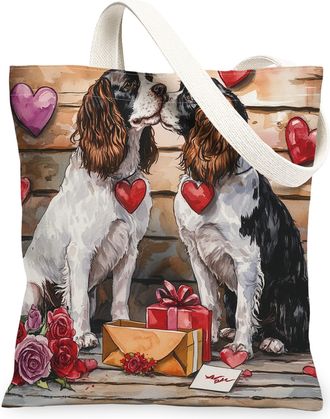 Generic Valentines Day Alaskans Malamute Dog Canvas Tote Bag for Shopping 13x15, Rustic Couple Puppy Reusable Grocery Print Bag for Women, Pet Beach Aesthetic