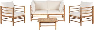 Beliani Conjunto Modular De Jard&iacute;n De 5 Piezas Sof&aacute; De 2 Plazas 2 Sillones Y Mesa De Centro De Bamb&uacute; Natural Cojines Blanco Crema Cerreto
