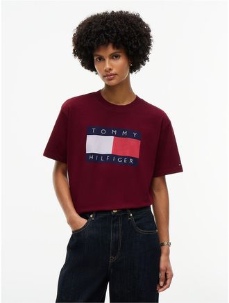 Tommy Hilfiger Womens Flag Logo T-Shirt - Burgundy - XXL