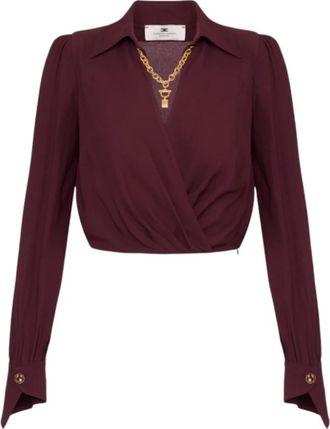 Elisabetta Franchi Shirt met gewatteerde schouders en gouden accessoire - Dames - Blouses - Bruin - M - Leer - Overhemden
