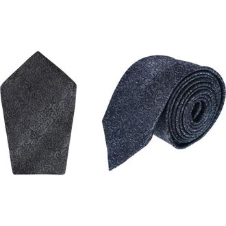 Trafalgar Store Esteban Scrolling Vines Silk Necktie and Pocket Square Bundle in Silver And Black at Nordstrom