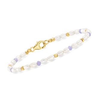 Ross-Simons 3x5mm Cultured Pearl and Tanzanite Bead Station Bracelet With 18kt Gold Over Sterling
