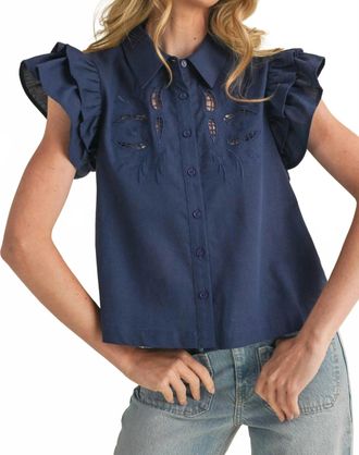 Merci Embroidered Cut Out Button Down Top In Navy