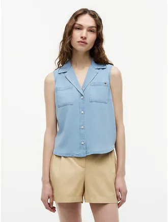 Tommy Hilfiger Womens Sleeveless Chambray Shirt - Chambray - S