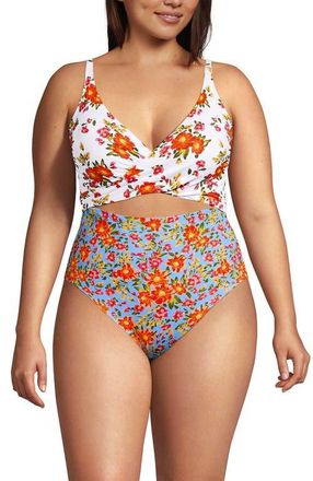 Lands End Wrap Monokini High Leg One Piece Swimsuit in White/blue Spring Floral at Nordstrom, Size 18W