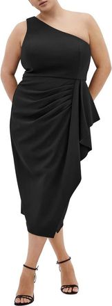 City Chic Priyanka Ruffle One-Shoulder Midi Dress in Black at Nordstrom, Size Xxl