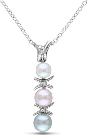 Amour White, Pink and Grey Cultured Freshwater Pearl and Diamond Drop Pendant with Chain In Sterling Silver