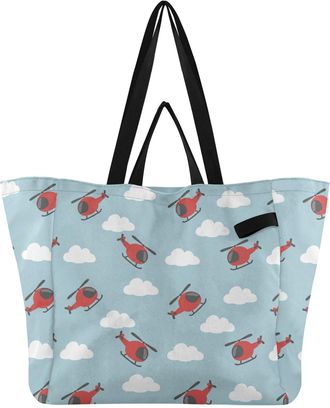 Generic Sky Helicopter Cloud Blue pattern Reusable Canvas Tote Bag, Heavy Duty Grocery Shopping Bag with Hard Bottom Double Handles Large Capacity Work Grocer