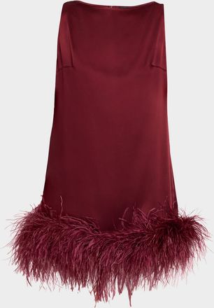 Sally Lapointe Feather-Trim Satin Sleeveless Mini Dress