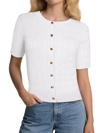 Grace Karin Womens Short Sleeve Button-up Cardigan Sweater Summer Crew Neck Cable Knitted Tops White 2XL