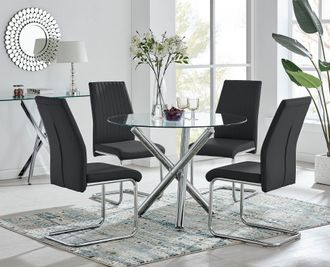 Furniturebox Selina Round Glass & Chrome Metal Dining Table & Lorenzo Chairs Set in Black | Size: 4 Person