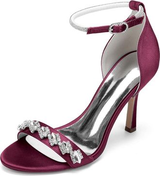Generic Wedding Shoes Womens High Heel Sandals Open Toe Ankle Strap Satin Bridal Formal Prom Party Dress Stiletto Shoes 9.5Cm,Burgundy,10 UK