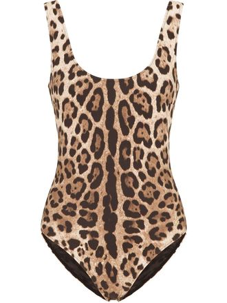 Dolce & Gabbana leopard-print scoop-back swimsuit - women - Nylon/Elastane - 5 - Brown