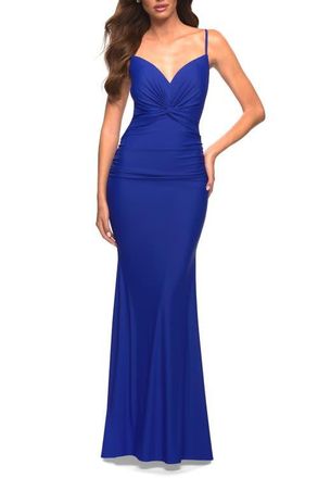 La Femme Prom Dress with Knot at Waist and Open Back in Royal Blue at Nordstrom, Size 10