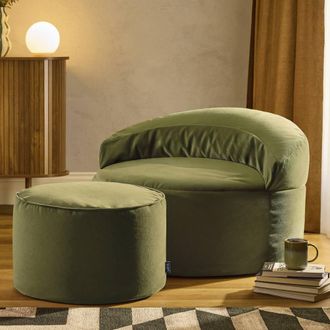 Icon Brand Orb Accent Chair & Milano Round Footstool Matt Velvet in Olive