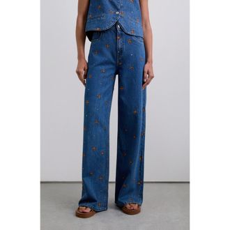Scalpers Embflower Denim Pant in Indigo at Nordstrom, Size 34 Eu