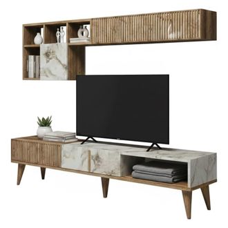 Dmora Dmora - Pared Equipada Gemini, Composici&oacute;n De La Sala De Estar, Muebles De Sal&oacute;n Multiusos, Gabinete De Tv, 180x35h40 Cm, Nogal Y M&aacute;rmol Blanco, Con E