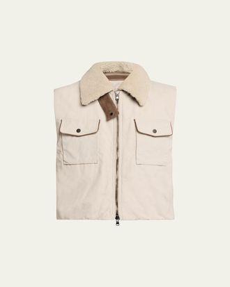 Brunello Cucinelli Lamb Shearling Collar Techno Satin Padded Vest