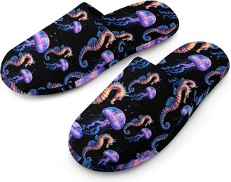 Generic Seahorse And Jellyfish Mens Flannel Slipper Soft Comfy House Shoes Non Slip Winter Warm Indoor Outdoor Slippers