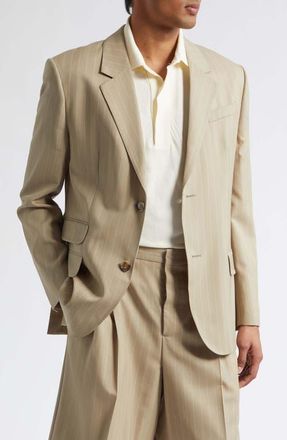 Ami Straight Fit Pinstripe Virgin Wool Gabardine Blazer in Beige Taupe/Blanc Creme at Nordstrom, Size 40 Us