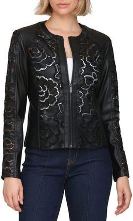 Bagatelle Floral Ladder Cutout Faux Leather Jacket in Black at Nordstrom Rack, Size X-Small