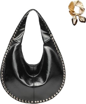 Generic Studded Hobo Bags for Women,Trendy Glossy Punk Underarm Satchel Handbag,Soft PU Leather Semicircle Shoulder Bag