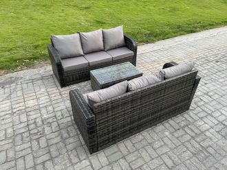Fimous Outdoor Garden Furniture Sets 6 Seater Wicker Rattan Furniture Sofa Sets with Rectangular Coffee Table 3 Seater Sofa in Dark Grey