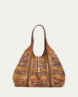 Tod's T Timeless Raffia Shopping Tote Bag