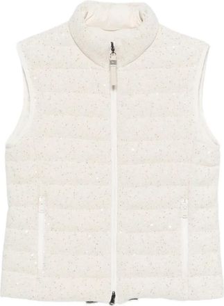 Brunello Cucinelli Waistcoats, female, Beige, XS, Sequin-Embellished High-Neck Waistcoat