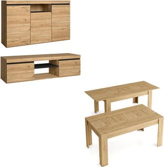 Skraut Home Skraut Home - Set Naturale Sal&oacute;n Comedor, Mueble Auxiliar, Buffet-mueble Tv 140cm-mesa Extensible Roble Negro N&oacute;rdico