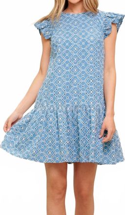 Flying Tomato Woven Eyelet Babydoll Dress In Blue Ivory
