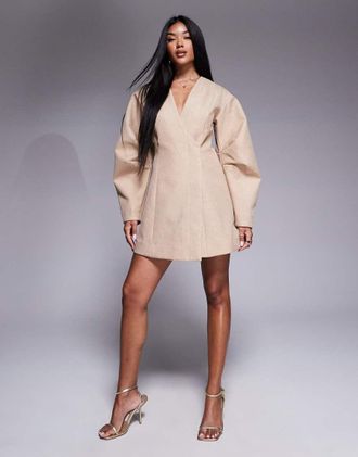 Asos volume sleeve structured blazer mini dress in textured neutral