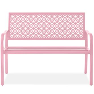Best Choice Products Indoor Outdoor Steel Garden Bench w/ Geometric Backrest, Foot Levelers