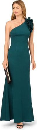 Adrianna Papell Womens One Shoulder Ruffle Crepe Gown - Green - Size 18 UK