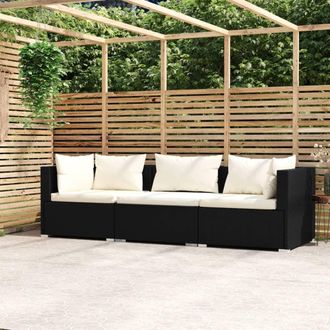 vidaXL Sof&aacute; De 3 Plazas Con Cojines Rat&aacute;n Sint&eacute;tico Negro Vidaxl