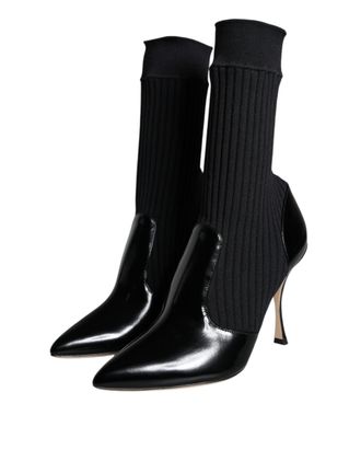 Dolce & Gabbana Womens Black Stretch Stilettos Booties Socks Shoes Nylon Calf Leather Elastane