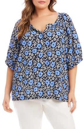 Karen Kane Floral Button-Up Peasant Top in Blue Print at Nordstrom, Size 0 X