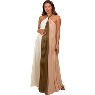 Pinkblush Pleated Halter Neck Maxi Dress in Olive Green at Nordstrom, Size Medium